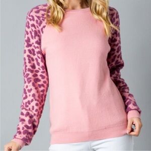 &merci Pink and Purple Crew Neck Sweater with Leopard Print Sleeves